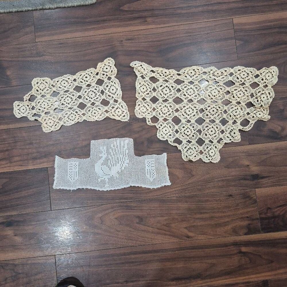 Crochet, 3 Vintage Large Ivory, Cream Ecru Cotton Doilies, Handmade